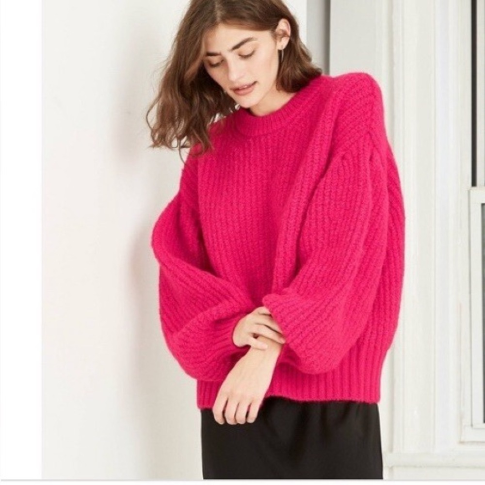 A New Day Hot Pink Chunky Knit Sweater Balloon Sleeve Cozy Size L